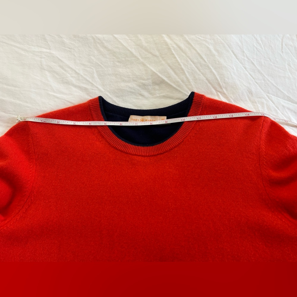 $378 Tory Burch Women Cashmere Pullover Red/Tory Navy size M - Picture 14 of 16